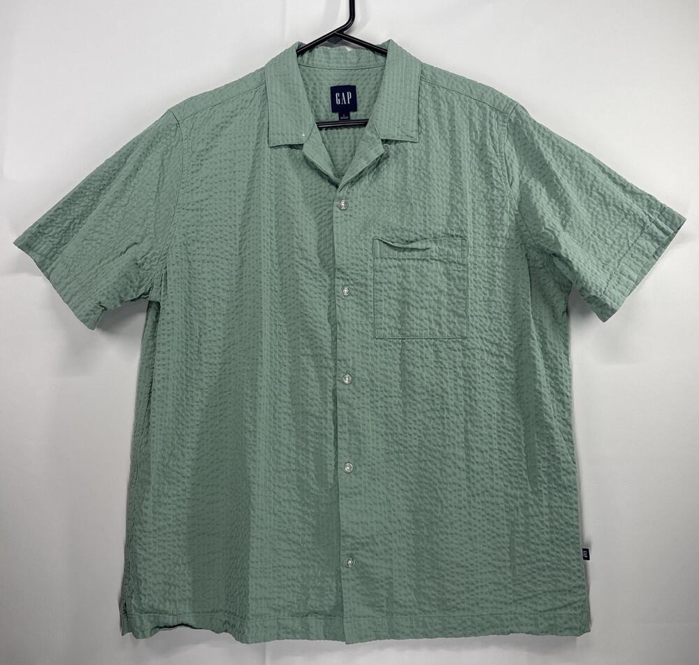 GAP Seersucker Shirt Mens Large Green Short Sleeve Button Up Camp Collar
